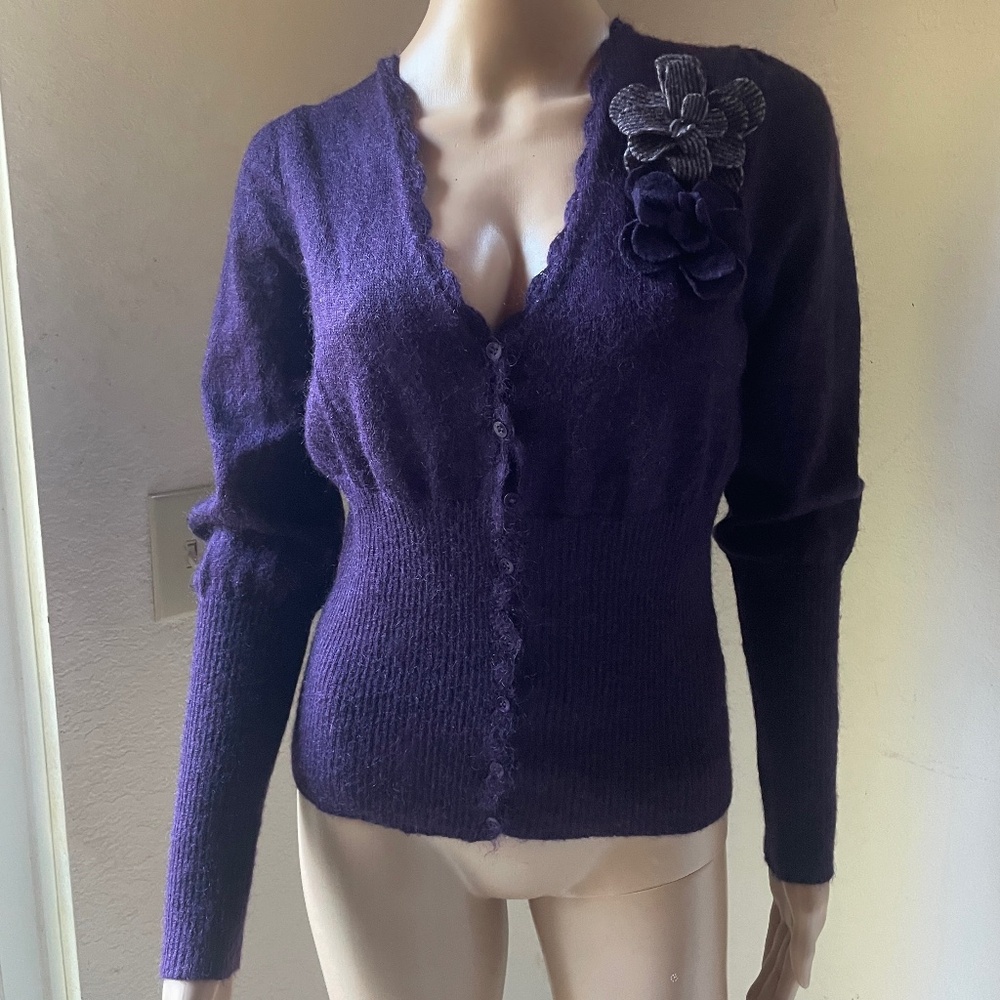 MONSOON UK Abergine V -neck Wool Blend Cardigan SZ 12